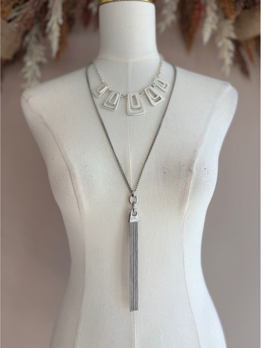 2 Silver Tone Layered Necklaces with Geometric and Tassel Pendants